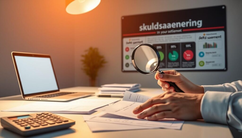 A minimalist office desk with a laptop, calculator, and organized documents, illuminated by warm, directional lighting. In the foreground, a person's hands hold a magnifying glass, carefully examining financial statements. In the background, a wall display showcases an infographic on "skuldsanering" (debt settlement), providing visual guidance on effectively managing and reducing personal debt. The overall mood is focused, analytical, and solution-oriented, reflecting the article's subject of taking control of one's personal finances.