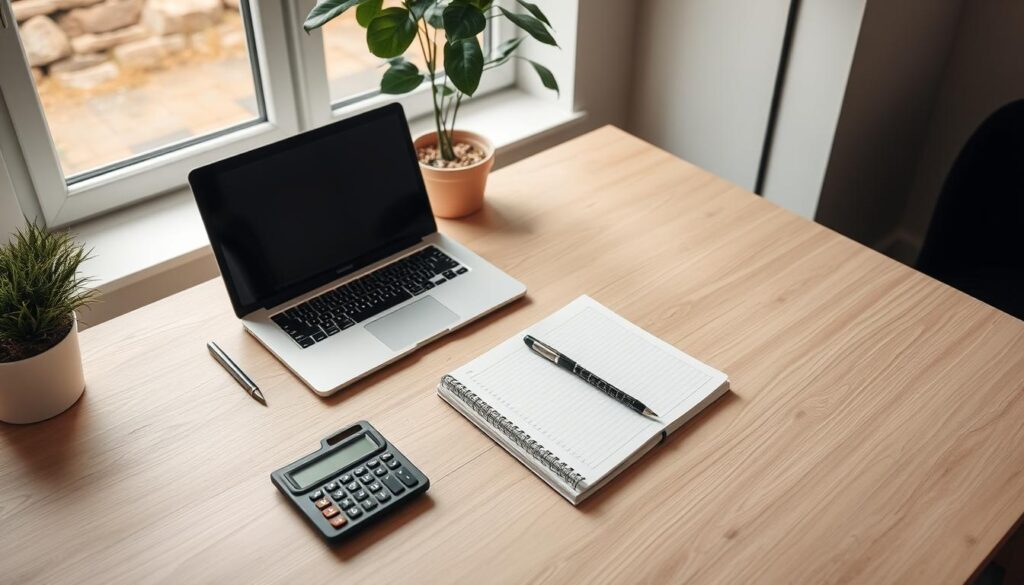 A minimalist office desk with a laptop, notebook, and financial calculator. The desk is made of light wood, and a window in the background provides natural lighting. A potted plant adds a touch of greenery. The overall atmosphere is focused and productive, conveying a sense of financial planning and goal-setting. The camera angle is slightly elevated, giving a birds-eye view of the desk and its contents. The lighting is soft and diffused, creating a warm and calming ambiance.