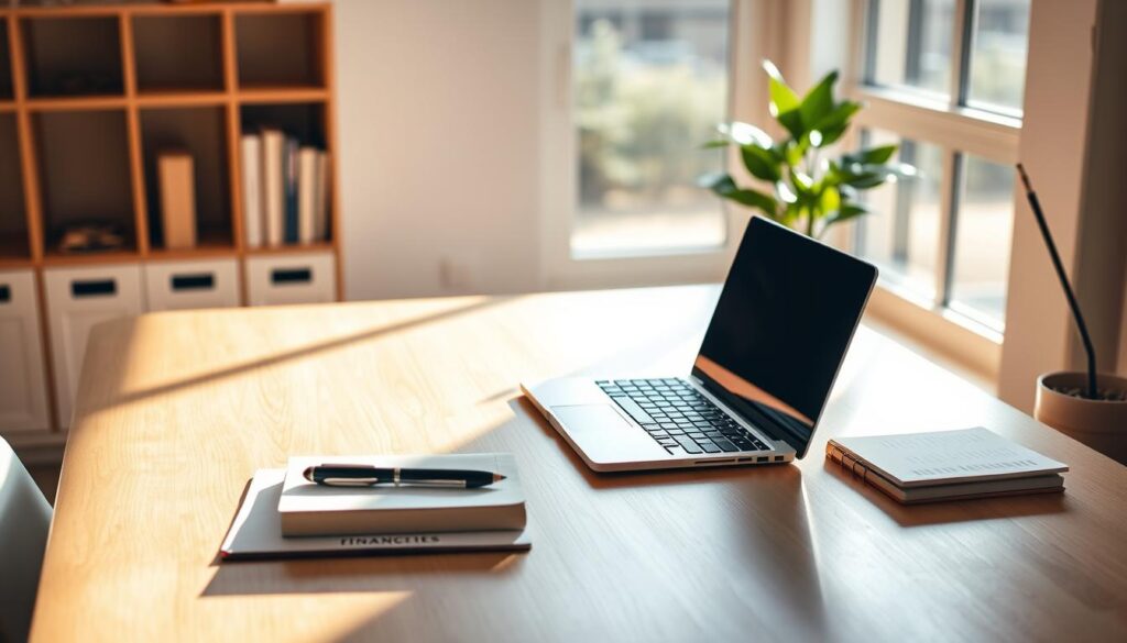 A minimalist office workspace with a laptop, notebook, and financial documents neatly arranged on a clean, wooden desk. The scene is bathed in warm, natural light filtering through a large window, creating a cozy and inviting atmosphere. In the background, a simple bookshelf with financial books and a potted plant adds a touch of greenery. The overall composition conveys a sense of organization, focus, and financial literacy, suitable for a beginner's guide to personal finance.