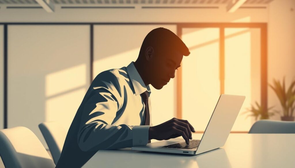 A minimalist, photorealistic illustration of a businessman meticulously managing financial data on a laptop screen, set against a clean, modern office backdrop. The subject's face is obscured, emphasizing the focus on the task at hand. Warm, directional lighting casts subtle shadows, enhancing the sense of depth and professionalism. The scene conveys a mood of efficiency, optimization, and financial prudence - the key elements of cost-saving and profit-boosting strategies.