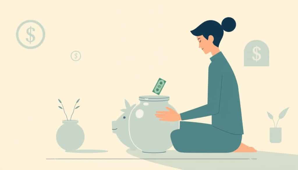 A minimalist, stylized illustration of a person systematically depositing money into a savings jar or piggy bank. The background is a serene, pastel-toned interior, with simple geometric shapes and patterns hinting at financial concepts. Soft, directional lighting casts gentle shadows, creating a calming, almost meditative atmosphere. The figure's posture and expression convey a sense of focus, discipline, and a growing sense of financial security. The composition emphasizes the act of saving, with the savings vessel as the central focal point, surrounded by subtle visual cues that reinforce the theme of building wealth through consistent, automated savings habits.
