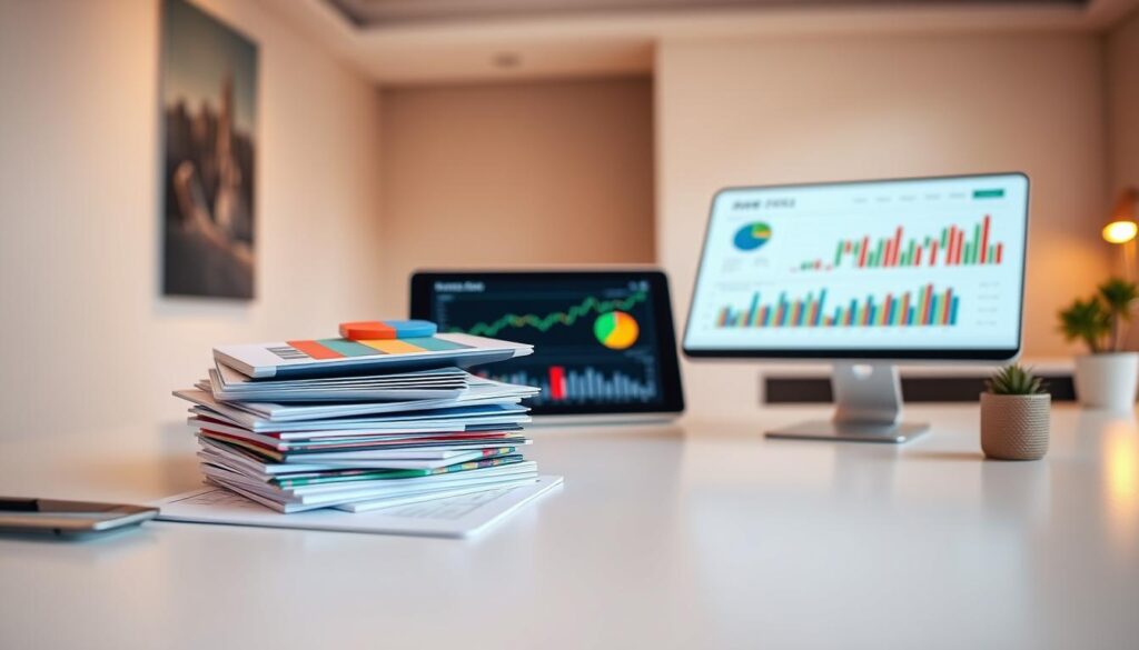 A minimalist, well-balanced portfolio composition with various financial instruments neatly arranged on a clean, professional-looking desk. In the foreground, a stack of colorful bar graphs, pie charts, and stock tickers, representing diverse asset classes. The middle ground features a tablet displaying interactive portfolio analytics, while the background showcases a serene, modern office setting with clean lines and neutral tones, conveying a sense of financial stability and growth. Warm, directional lighting illuminates the scene, creating depth and highlighting the key elements. The overall atmosphere is one of careful planning, thoughtful investment, and prudent wealth management.