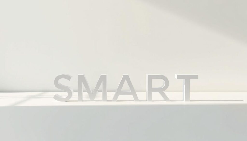 A minimalistic, modern composition depicting the "SMART" goal-setting framework. In the foreground, a crisp, clean set of geometric shapes representing the five elements of SMART (Specific, Measurable, Achievable, Relevant, Time-bound), arranged in a visually striking manner. The shapes are rendered in a muted, subdued color palette, creating a professional, analytical atmosphere. The middle ground features a simple, elegant sans-serif typeface spelling out "SMART" in a prominent yet understated manner. The background is a soft, neutral gradient, allowing the core visual elements to take center stage. Soft, diffused lighting casts gentle shadows, giving the scene a sense of depth and dimensionality. The overall aesthetic is clean, organized, and optimized for effective communication of the SMART methodology.