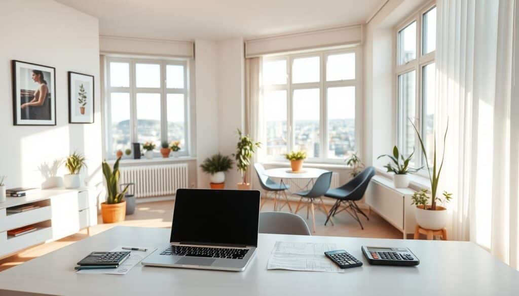 A modern Swedish apartment with bright and airy interiors, featuring clean lines, minimal furnishings, and large windows overlooking a picturesque cityscape. The room is bathed in warm, natural lighting, creating a sense of tranquility and financial well-being. In the foreground, a neatly organized desk with a laptop, paperwork, and a calculator symbolize the careful management of personal finances. On the walls, framed artworks and plants add pops of color, reflecting the homeowner's stylish and sustainable approach to home economics. The overall atmosphere conveys a balanced, efficient, and comfortable living space that aligns with the themes of the article's "Bostadsekonomi och bolån i Sverige" section.