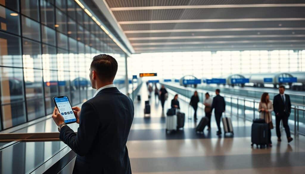 A modern airport terminal with sleek, glass architecture. In the foreground, a well-dressed passenger stands at a check-in counter, intently examining a smartphone screen displaying their Miles & More account. The middle ground features travelers wheeling suitcases and navigating the bustling concourse, while the background showcases rows of departure gates and boarding bridges. Soft, warm lighting illuminates the scene, evoking a sense of efficiency and anticipation. The overall composition conveys the experience of redeeming accumulated miles for a coveted flight booking, a key benefit of the Erste Bank Austrian Miles & More Premiumcard. A modern airport terminal with sleek, glass architecture. In the foreground, a well-dressed passenger stands at a check-in counter, intently examining a smartphone screen displaying their Miles & More account. The middle ground features travelers wheeling suitcases and navigating the bustling concourse, while the background showcases rows of departure gates and boarding bridges. Soft, warm lighting illuminates the scene, evoking a sense of efficiency and anticipation. The overall composition conveys the experience of redeeming accumulated miles for a coveted flight booking, a key benefit of the Erste Bank Austrian Miles & More Premiumcard.