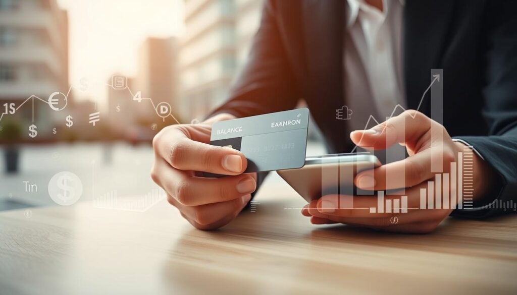A modern and dynamic composition depicting a financial transaction of balance transfer. In the foreground, a person's hands interacting with a sleek, silver credit card and a mobile device, conveying the ease and convenience of the process. The middle ground features abstract financial elements such as currency symbols, graphs, and charts, hinting at the underlying financial mechanics. The background is a blurred, minimalist urban landscape, suggesting the ubiquity and importance of such financial services in daily life. The lighting is soft and warm, creating a sense of professionalism and trust. Captured with a wide-angle lens to emphasize the holistic nature of the scene. A modern and dynamic composition depicting a financial transaction of balance transfer. In the foreground, a person's hands interacting with a sleek, silver credit card and a mobile device, conveying the ease and convenience of the process. The middle ground features abstract financial elements such as currency symbols, graphs, and charts, hinting at the underlying financial mechanics. The background is a blurred, minimalist urban landscape, suggesting the ubiquity and importance of such financial services in daily life. The lighting is soft and warm, creating a sense of professionalism and trust. Captured with a wide-angle lens to emphasize the holistic nature of the scene.