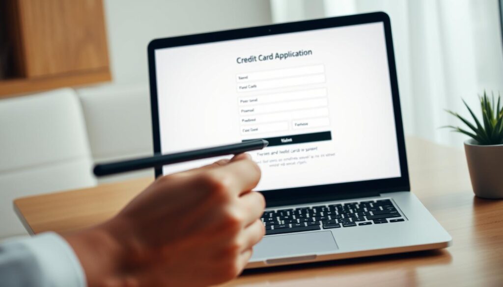 A modern and elegant credit card application form displayed on a sleek, minimalist laptop screen. The application interface features clean lines, neutral tones, and intuitive form fields. In the foreground, a hand holds a stylus, poised to input personal and financial details. The background is softly blurred, creating a sense of focus on the application process. The overall mood is professional, efficient, and reassuring, conveying the ease and security of the credit card application experience.