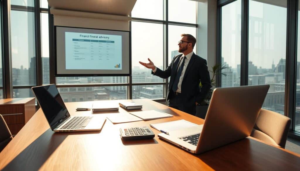 A modern and minimalist financial advisory office interior, with a large window overlooking a cityscape. In the foreground, a wooden desk with a laptop, calculator, and neatly arranged documents. Behind it, a well-dressed financial advisor gesturing towards a projected presentation on the wall, explaining financial concepts to a client. The lighting is warm and natural, creating a calming and professional atmosphere. The color palette is muted, with shades of grey, beige, and wood tones. The overall scene conveys a sense of expertise, efficiency, and a focus on providing personalized financial solutions to reduce the costs of credit.