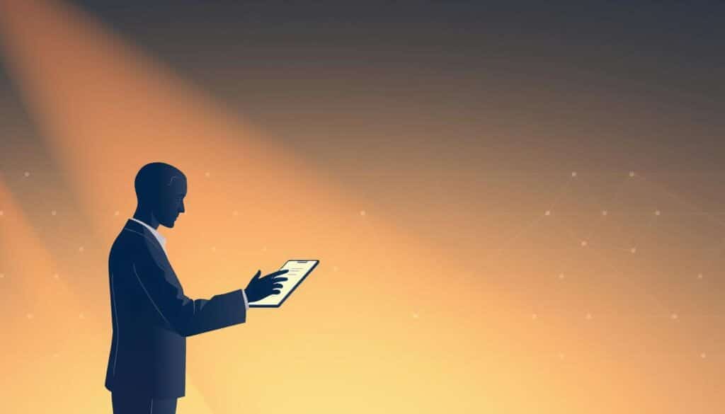 A modern and minimalist illustration of "kliendikogemus" - a visually striking depiction of personalized banking services and the client experience. In the foreground, a stylized human figure interacts with a sleek, touchscreen banking interface, their movements fluid and intuitive. The background features a clean, geometric pattern suggestive of banking security and technology, while warm lighting casts a refined, professional atmosphere. Subtle gradients and a muted color palette convey a sense of sophistication and attention to detail. The composition emphasizes the harmonious integration of the individual and the digital banking experience, reflecting the section's focus on personalized services.