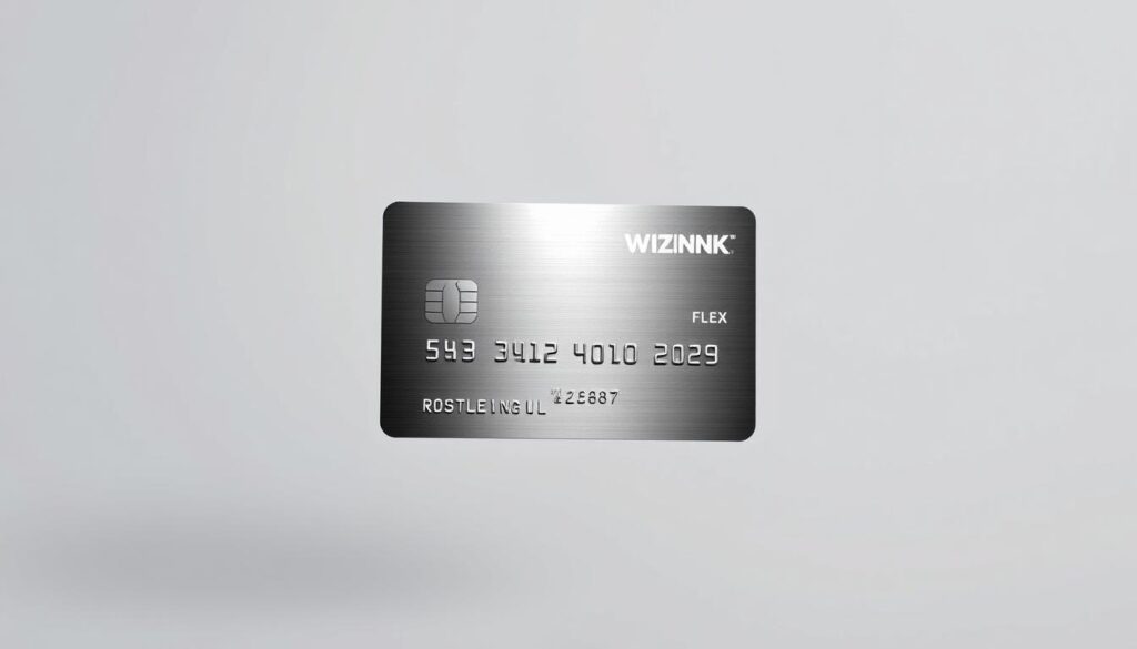 A modern and sleek credit card design against a minimalist background. The WiZink Flex card is prominently displayed, capturing the attention with its bold, clean aesthetic. The card's metallic finish reflects the lighting, creating a sense of elegance and premium quality. The background is a soft, neutral tone, allowing the card to be the focal point. The composition is well-balanced, with the card positioned slightly off-center to create visual interest. The overall mood is professional, sophisticated, and conveying the idea of flexible payments and cashback rewards. A modern and sleek credit card design against a minimalist background. The WiZink Flex card is prominently displayed, capturing the attention with its bold, clean aesthetic. The card's metallic finish reflects the lighting, creating a sense of elegance and premium quality. The background is a soft, neutral tone, allowing the card to be the focal point. The composition is well-balanced, with the card positioned slightly off-center to create visual interest. The overall mood is professional, sophisticated, and conveying the idea of flexible payments and cashback rewards.