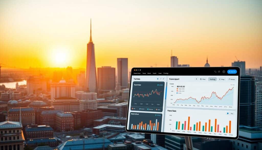 A modern and sleek financial investment platform set against a cityscape backdrop. The foreground features a clean, minimalist user interface with intuitive graphs, charts, and interactive elements that allow users to easily track their investment portfolio. The middle ground showcases a bustling city skyline with towering skyscrapers and the iconic architecture of Copenhagen. The background is illuminated by a warm, golden sunset glow, creating a sense of optimism and prosperity. The overall scene conveys a professional, yet approachable atmosphere, suitable for those new to the world of investing.