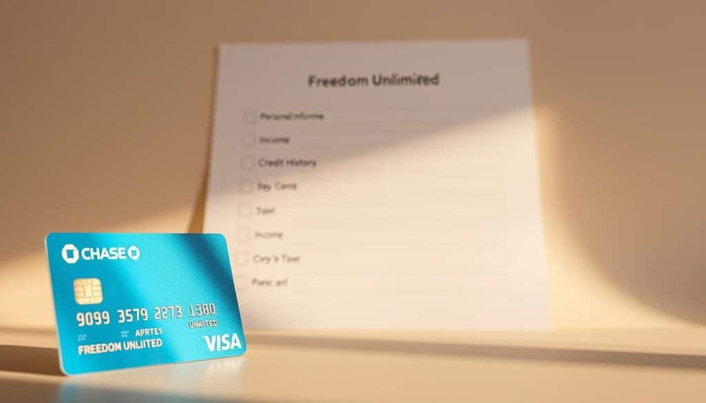 A modern and sophisticated financial application form against a clean, minimalist background. In the foreground, a credit card with the Chase Freedom Unlimited logo is prominently displayed, capturing the viewer's attention. The middle ground features a series of neatly organized checkboxes and input fields, representing the application requirements, such as personal information, income details, and credit history. The background is a soft, neutral tone, creating a sense of professionalism and simplicity. Warm, indirect lighting from the side casts subtle shadows, adding depth and dimension to the composition. The overall mood is one of efficiency, clarity, and attention to detail, reflecting the streamlined process of applying for the Chase Freedom Unlimited card. A modern and sophisticated financial application form against a clean, minimalist background. In the foreground, a credit card with the Chase Freedom Unlimited logo is prominently displayed, capturing the viewer's attention. The middle ground features a series of neatly organized checkboxes and input fields, representing the application requirements, such as personal information, income details, and credit history. The background is a soft, neutral tone, creating a sense of professionalism and simplicity. Warm, indirect lighting from the side casts subtle shadows, adding depth and dimension to the composition. The overall mood is one of efficiency, clarity, and attention to detail, reflecting the streamlined process of applying for the Chase Freedom Unlimited card.
