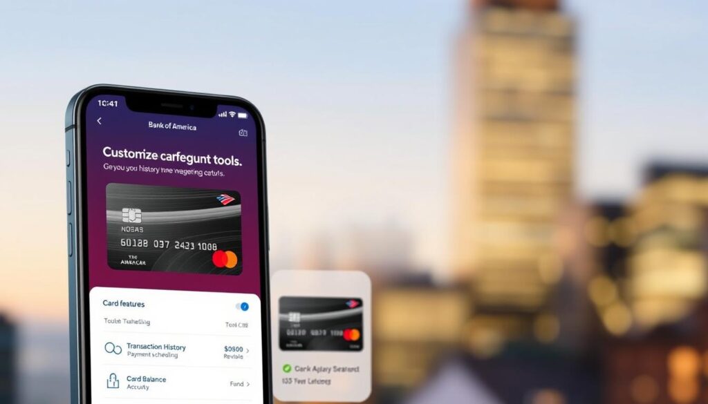 A modern and visually appealing mobile app interface showcasing Bank of America's customized cash management tools. The screen is dominated by a clean, minimalist design with prominent card imagery and intuitive user interface elements. In the foreground, a credit card is displayed prominently, highlighting the card's key features and customization options. The middle ground features a series of card management tools, such as transaction history, payment scheduling, and account balancing. The background showcases a soft, blurred cityscape, conveying a sense of security and sophistication. The overall mood is professional, polished, and optimized for mobile use, reflecting the app's functionality and Bank of America's brand identity. A modern and visually appealing mobile app interface showcasing Bank of America's customized cash management tools. The screen is dominated by a clean, minimalist design with prominent card imagery and intuitive user interface elements. In the foreground, a credit card is displayed prominently, highlighting the card's key features and customization options. The middle ground features a series of card management tools, such as transaction history, payment scheduling, and account balancing. The background showcases a soft, blurred cityscape, conveying a sense of security and sophistication. The overall mood is professional, polished, and optimized for mobile use, reflecting the app's functionality and Bank of America's brand identity.