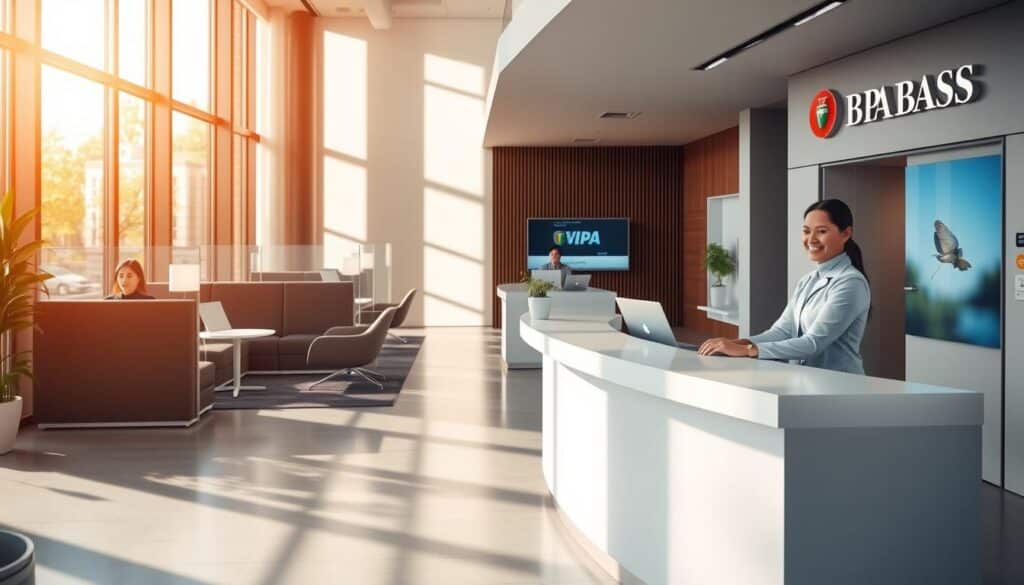 A modern and well-appointed BNP Paribas bank branch interior, bathed in warm, natural lighting that filters through large windows. In the foreground, a receptionist desk with a friendly, approachable staff member ready to assist customers. The middle ground features several private consultation areas where bank representatives discuss account details and services with clients. In the background, sleek, minimalist decor and furnishings create a professional yet inviting atmosphere. The overall scene conveys a sense of efficiency, customer focus, and the ease of obtaining a BNP Paribas Visa Classic card through an in-person visit to the local agency. A modern and well-appointed BNP Paribas bank branch interior, bathed in warm, natural lighting that filters through large windows. In the foreground, a receptionist desk with a friendly, approachable staff member ready to assist customers. The middle ground features several private consultation areas where bank representatives discuss account details and services with clients. In the background, sleek, minimalist decor and furnishings create a professional yet inviting atmosphere. The overall scene conveys a sense of efficiency, customer focus, and the ease of obtaining a BNP Paribas Visa Classic card through an in-person visit to the local agency.