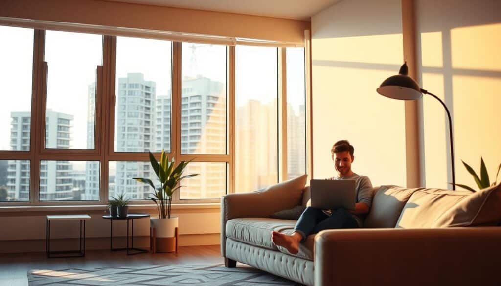 A modern apartment interior with a large window overlooking an urban cityscape. In the foreground, a person sits on a minimalist couch, engrossed in reviewing their finances on a laptop. The room is bathed in warm, natural light, creating a calming and focused atmosphere. Geometric shapes and clean lines dominate the design, conveying a sense of intentional and mindful living. Subtle houseplants and a geometric area rug add organic touches to the space. The person's expression is one of concentration and thoughtfulness, reflecting the theme of "conscious consumption and expense control".