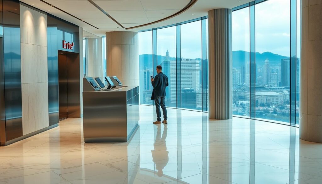 A modern banking lobby with sleek marble floors, glass walls, and brushed metal accents. In the foreground, a person stands at a transaction counter, casually withdrawing cash from a Erste Bank Visa Debit card. The lighting is soft and natural, filtering in from large windows overlooking a bustling city skyline in the background. The atmosphere is one of efficiency and sophistication, conveying the ease and convenience of cross-border cash access with Erste Bank's services.