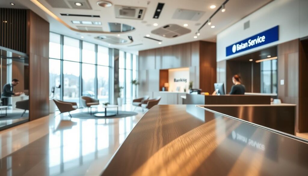 A modern banking office interior, with a customer service desk prominently featured in the foreground. The desk is made of sleek, brushed metal and glass, creating a clean, professional look. In the middle ground, a stylish waiting area with comfortable chairs and a minimalist coffee table. The background features floor-to-ceiling windows, allowing natural light to flood the space and creating a bright, airy atmosphere. The lighting is soft and even, with a subtle warm tone, highlighting the high-quality materials and design elements. The overall mood is one of efficiency, reliability, and an exceptional customer experience. A modern banking office interior, with a customer service desk prominently featured in the foreground. The desk is made of sleek, brushed metal and glass, creating a clean, professional look. In the middle ground, a stylish waiting area with comfortable chairs and a minimalist coffee table. The background features floor-to-ceiling windows, allowing natural light to flood the space and creating a bright, airy atmosphere. The lighting is soft and even, with a subtle warm tone, highlighting the high-quality materials and design elements. The overall mood is one of efficiency, reliability, and an exceptional customer experience.