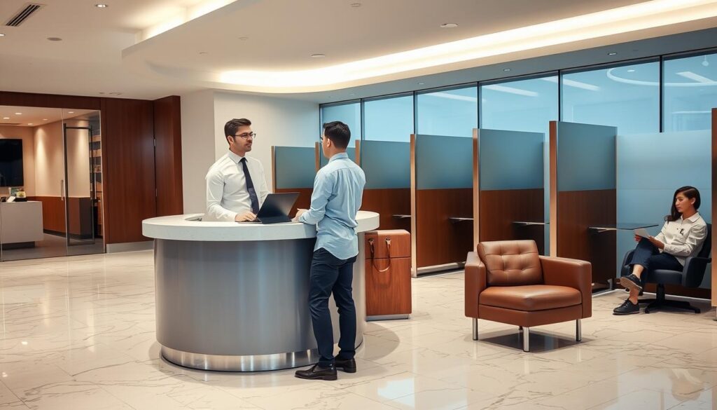 A modern branch interior of a bank, with a polished marble floor and a sleek glass facade. In the foreground, a customer service representative stands behind a curved counter, dressed in a crisp white shirt and navy blue tie, ready to assist a customer. The customer, casually dressed in a collared shirt and slacks, leans over the counter, engaged in a conversation. Soft, even lighting illuminates the scene, casting a professional and welcoming atmosphere. The background features rows of private consultation booths, their frosted glass partitions creating a sense of privacy. A few other customers, seated in comfortable leather chairs, wait patiently for their turn. The overall impression is one of efficiency, customer-focused service, and a streamlined banking experience.