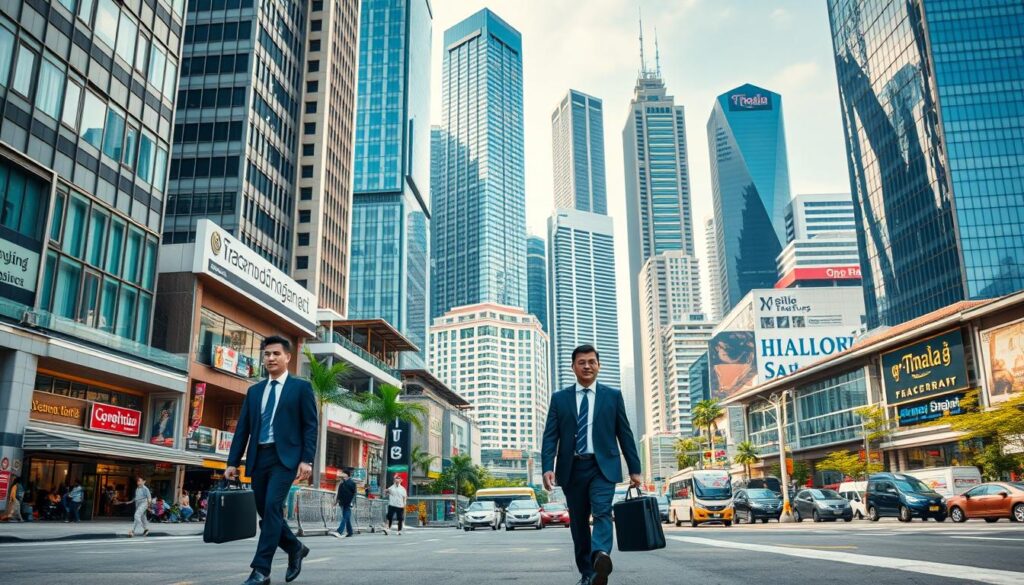 A modern, bustling Thai business district with towering skyscrapers, innovative startups, and corporate offices. In the foreground, executives in formal attire navigate the city streets, briefcases in hand, reflecting the dynamic adaptation of Thai businesses to the evolving economic landscape. The middle ground showcases diverse industries, from traditional shophouses to sleek, glass-facade buildings, symbolizing the blend of heritage and modernity. The background features a vibrant cityscape, with gleaming high-rises and bustling traffic, conveying the energy and resilience of the Thai business sector as it navigates the challenges of the current economic era. Lighting is warm and natural, creating a sense of optimism and progress.