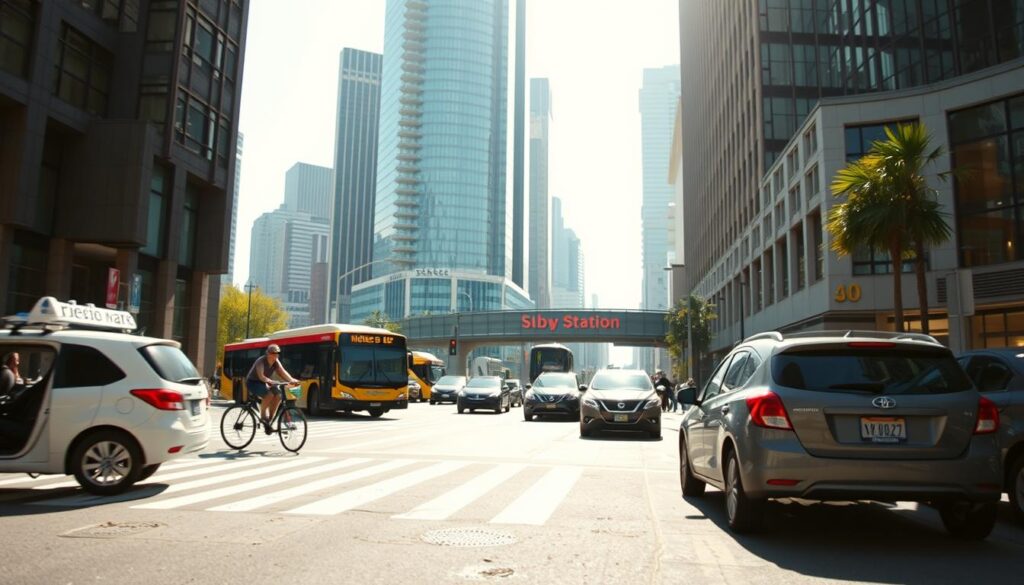 A modern city street scene with a focus on various modes of transportation. In the foreground, a rideshare vehicle, a bicycle, and a pedestrian crosswalk. In the middle ground, a public bus and several private cars navigating the street. In the background, a subway station entrance and towering high-rise buildings. The scene is illuminated by warm, diffused daylight, creating soft shadows and highlights. The overall mood is one of urban efficiency and functionality, conveying the practicality of transportation options that can help save money. A modern city street scene with a focus on various modes of transportation. In the foreground, a rideshare vehicle, a bicycle, and a pedestrian crosswalk. In the middle ground, a public bus and several private cars navigating the street. In the background, a subway station entrance and towering high-rise buildings. The scene is illuminated by warm, diffused daylight, creating soft shadows and highlights. The overall mood is one of urban efficiency and functionality, conveying the practicality of transportation options that can help save money.