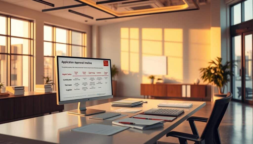 A modern, clean-lined office interior with a large desk, meticulously organized documents, and a computer monitor displaying a Wells Fargo Autograph application approval timeline. Warm, natural lighting filters through large windows, casting a soft glow over the scene. The atmosphere conveys a sense of efficiency, professionalism, and attention to detail. The application timeline is presented in a clear, easy-to-understand format, visually communicating the various stages and expected turnaround time. The overall mood is one of confidence and reliability, reflecting the Wells Fargo brand. A modern, clean-lined office interior with a large desk, meticulously organized documents, and a computer monitor displaying a Wells Fargo Autograph application approval timeline. Warm, natural lighting filters through large windows, casting a soft glow over the scene. The atmosphere conveys a sense of efficiency, professionalism, and attention to detail. The application timeline is presented in a clear, easy-to-understand format, visually communicating the various stages and expected turnaround time. The overall mood is one of confidence and reliability, reflecting the Wells Fargo brand.
