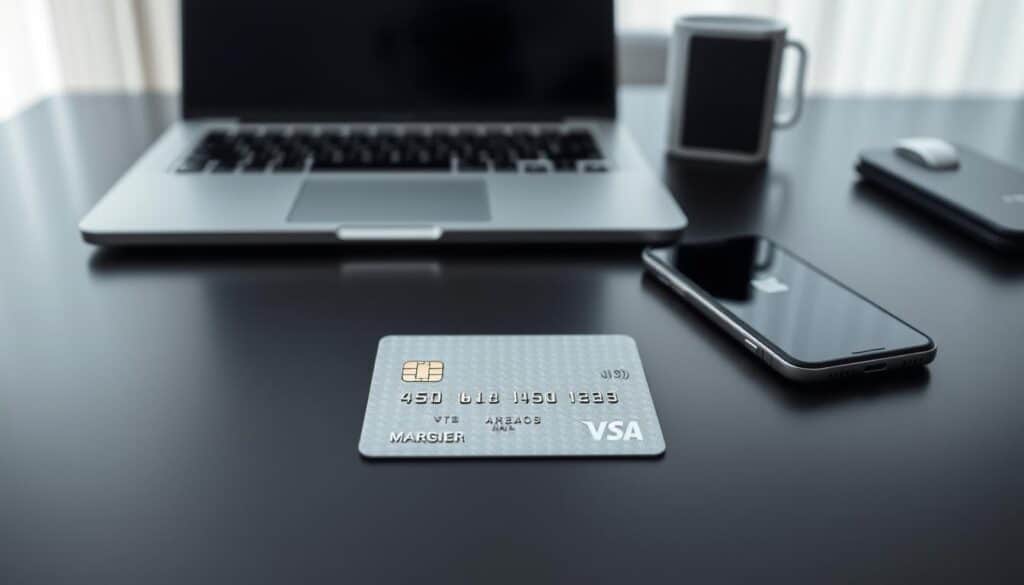 A modern, clean-looking office desk with a laptop, smartphone, and a credit card in the center. The card has a textured, metallic surface and an embossed logo, suggesting a premium payment card. The lighting is soft and diffused, creating a minimalist, professional atmosphere. The background is slightly blurred, keeping the focus on the activation process. The composition is balanced, with the card positioned prominently, hinting at the "Prehod na novo kartico: aktivacija in nastavitve" section of the article.