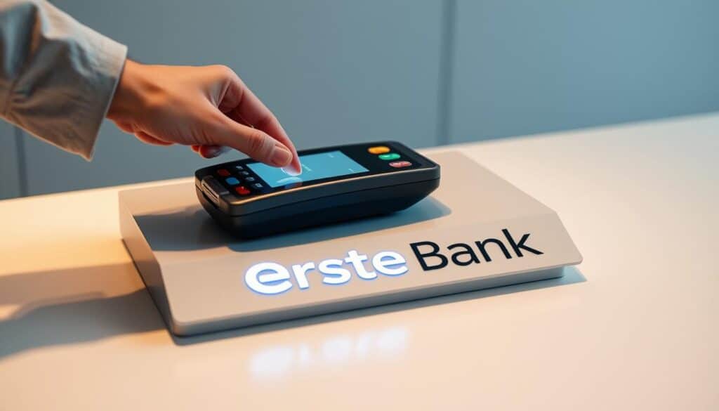 A modern, contactless payment terminal rests on a sleek, minimalist surface, its LED display illuminating the "Erste Bank" logo. The terminal's streamlined design evokes a sense of security and convenience, seamlessly integrating into the surrounding environment. Soft, directional lighting casts a warm glow, highlighting the terminal's intuitive interface and the effortless gesture of a hand making a contactless payment. The scene conveys a reassuring atmosphere of trust and technological advancement, perfectly capturing the essence of the "Sicherheitsfunktionen und Betrugsschutz" section. A modern, contactless payment terminal rests on a sleek, minimalist surface, its LED display illuminating the "Erste Bank" logo. The terminal's streamlined design evokes a sense of security and convenience, seamlessly integrating into the surrounding environment. Soft, directional lighting casts a warm glow, highlighting the terminal's intuitive interface and the effortless gesture of a hand making a contactless payment. The scene conveys a reassuring atmosphere of trust and technological advancement, perfectly capturing the essence of the "Sicherheitsfunktionen und Betrugsschutz" section.