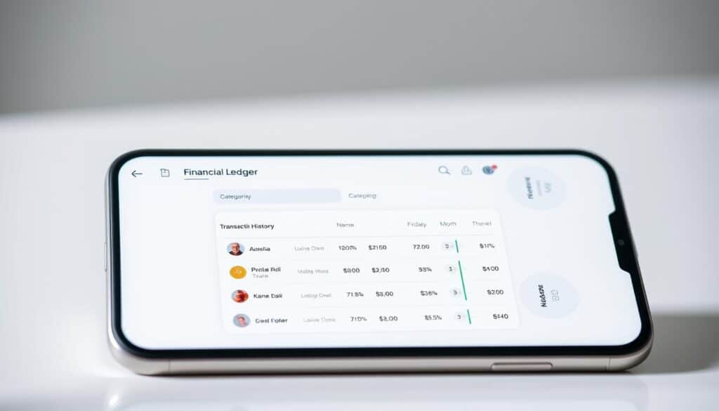 A modern digital financial ledger displayed on a sleek, minimal smartphone interface. The screen shows a clean, well-organized dashboard with intuitive categories, clear transaction history, and interactive visualizations. The app's design is characterized by a neutral color palette, bold typography, and subtle geometric shapes that create a sense of structure and professionalism. Soft, diffused lighting highlights the device's premium, metallic chassis, while a blurred, out-of-focus background suggests a serene, distraction-free environment conducive to focused financial management. The overall mood is one of efficiency, organization, and tech-savvy personal finance.