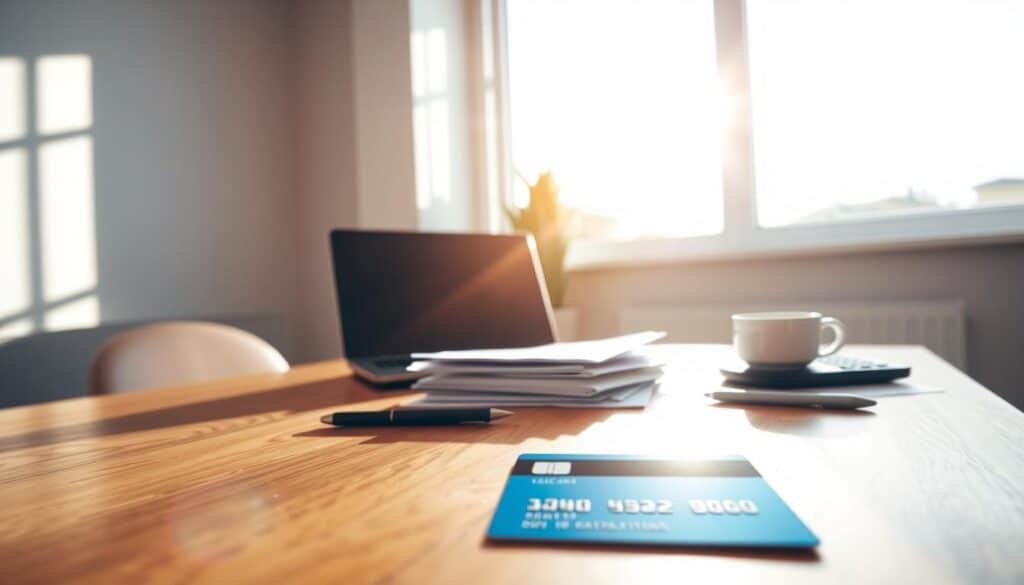 A modern home office with a wooden desk, a laptop, and a calculator. Sunlight streams in through a large window, casting a warm glow on the scene. The desk is neatly organized, with a stack of papers, a pen, and a cup of coffee. In the foreground, a credit card lies on the desk, representing the financial aspects of the scene. The background features a minimalist, monochromatic wall, emphasizing the focus on the desk and its contents. The overall mood is one of productivity, financial responsibility, and attention to detail.