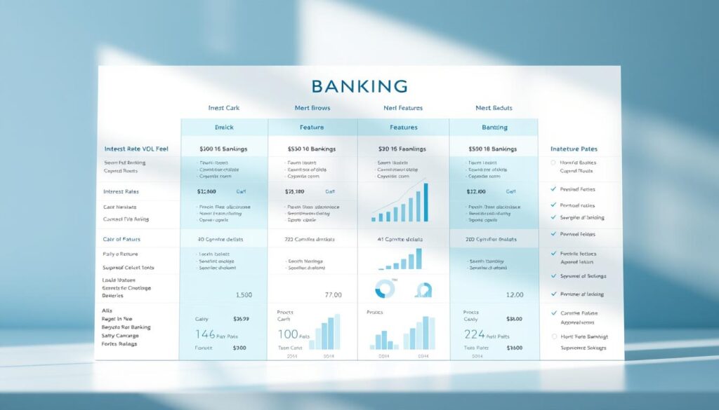 A modern, minimalist banking comparison chart presented in a clean, informative layout. The foreground features a detailed grid with side-by-side columns highlighting key banking service details such as interest rates, fees, and features. The middle ground showcases banking icons, graphs, and charts to visualize the data. The background has a subtle, blurred gradient in soothing shades of blue and white, creating a professional, trustworthy atmosphere. Soft, directional lighting casts gentle shadows, emphasizing the clarity and organization of the information. The overall composition conveys a sense of informed decision-making to help the viewer choose the best banking services for their needs. A modern, minimalist banking comparison chart presented in a clean, informative layout. The foreground features a detailed grid with side-by-side columns highlighting key banking service details such as interest rates, fees, and features. The middle ground showcases banking icons, graphs, and charts to visualize the data. The background has a subtle, blurred gradient in soothing shades of blue and white, creating a professional, trustworthy atmosphere. Soft, directional lighting casts gentle shadows, emphasizing the clarity and organization of the information. The overall composition conveys a sense of informed decision-making to help the viewer choose the best banking services for their needs.