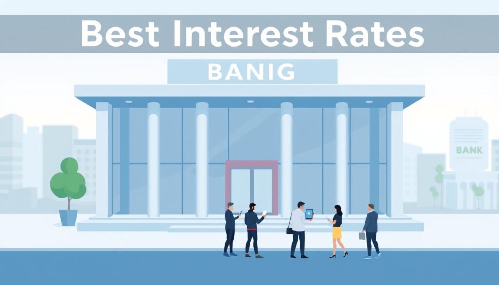 A modern, minimalist banking illustration depicting a serene, tranquil scene of a bank building or financial institution. The structure should have a clean, contemporary architectural design, with sleek lines, large glass windows, and a muted color palette of blues, grays, and whites. In the foreground, a group of stylized people should be shown, interacting with digital banking interfaces or mobile devices, conveying the idea of efficient, technology-driven banking. The background should feature a softly blurred urban landscape, suggesting a prosperous, thriving financial center. The overall mood should be one of professionalism, reliability, and innovation, reflecting the "best interest rates" theme.