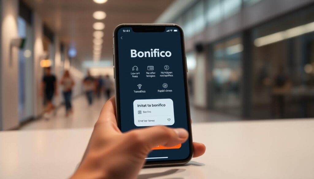 A modern, minimalist banking interface showcasing the speed and efficiency of digital money transfers. In the foreground, a sleek mobile device displays a clean, intuitive user experience for initiating a "bonifico" (bank transfer) with a few taps. The middle ground features stylized icons and infographic elements conveying the key benefits - low or no hidden fees, rapid processing times. The background suggests a vibrant, urban environment, hinting at the convenience of managing finances on-the-go. Muted color tones and soft lighting lend an elegant, sophisticated aesthetic to this vision of the future of digital banking. A modern, minimalist banking interface showcasing the speed and efficiency of digital money transfers. In the foreground, a sleek mobile device displays a clean, intuitive user experience for initiating a "bonifico" (bank transfer) with a few taps. The middle ground features stylized icons and infographic elements conveying the key benefits - low or no hidden fees, rapid processing times. The background suggests a vibrant, urban environment, hinting at the convenience of managing finances on-the-go. Muted color tones and soft lighting lend an elegant, sophisticated aesthetic to this vision of the future of digital banking.
