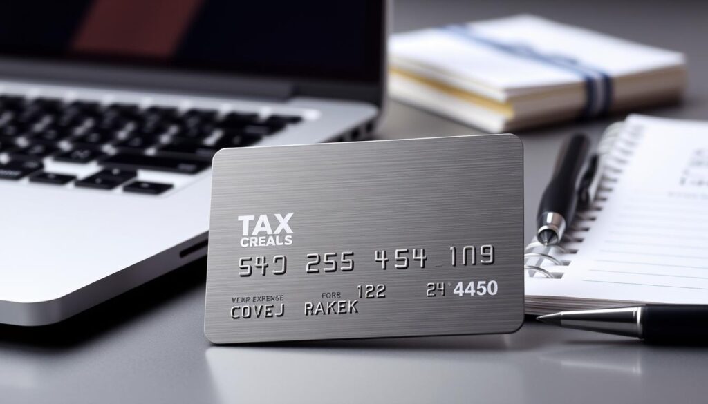 A modern, minimalist business credit card with a sleek metal or matte finish, set against a backdrop of professional, well-organized office supplies - a laptop, a pen, and a notepad. The card should be presented in a way that highlights its features relevant to business and tax-related use, such as expense tracking, cashback, and integrated accounting tools. The overall scene should convey a sense of efficiency, organization, and the seamless integration of financial management into the daily operations of a thriving enterprise. A modern, minimalist business credit card with a sleek metal or matte finish, set against a backdrop of professional, well-organized office supplies - a laptop, a pen, and a notepad. The card should be presented in a way that highlights its features relevant to business and tax-related use, such as expense tracking, cashback, and integrated accounting tools. The overall scene should convey a sense of efficiency, organization, and the seamless integration of financial management into the daily operations of a thriving enterprise.