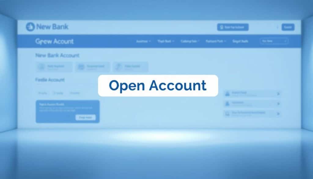 A modern, minimalist digital banking interface with a streamlined "Open Account" button prominently featured. The interface has a clean, sleek aesthetic with shades of blue, gray, and white tones. The layout is well-organized, with intuitive navigation and user-friendly design elements. The overall atmosphere conveys a sense of professionalism, security, and efficiency, highlighting the ease of opening a new bank account online. The scene is illuminated by soft, diffused lighting, creating a welcoming and trustworthy ambiance. The camera angle provides a balanced, frontal view of the interface, allowing the viewer to clearly see the key functionality.