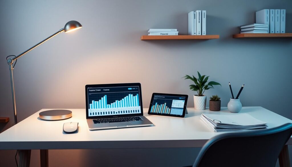 A modern, minimalist home office with a clean, organized desk featuring a laptop, wireless mouse, and a tablet displaying financial charts and graphs. The desk is illuminated by a sleek, adjustable lamp casting a warm, focused light. Alongside the tech setup, there are neatly stacked folders, a pen holder, and a small plant adding a touch of nature. The background features a simple, muted wall color complemented by floating shelves displaying financial books and documents. The overall atmosphere conveys a sense of productivity, efficiency, and attention to detail in personal finance management.