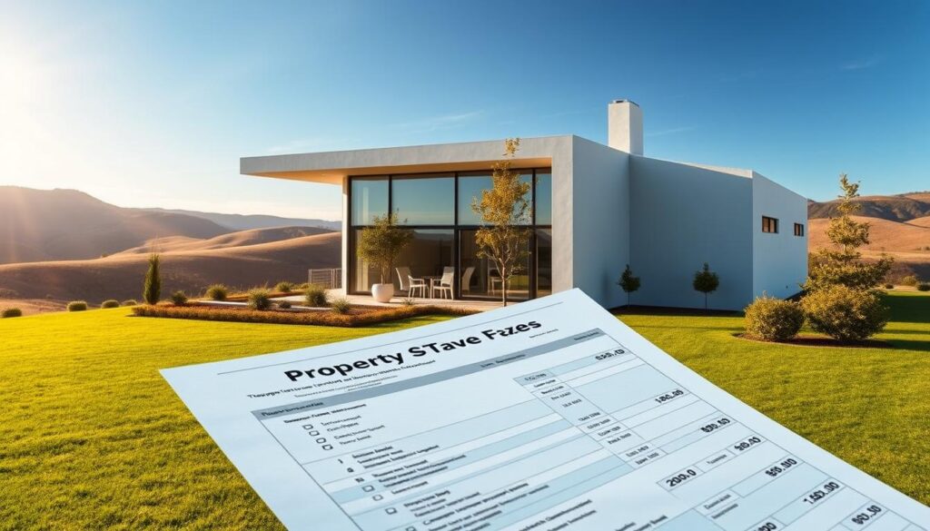 A modern, minimalist house with clean lines and a sleek exterior, set against a backdrop of rolling hills and a vibrant blue sky. The home is nestled in a lush, well-manicured garden, with a neatly trimmed lawn and strategically placed trees and shrubs. Sunlight filters through the large windows, casting a warm, inviting glow throughout the scene. In the foreground, a detailed representation of a property tax statement or assessment document is prominently displayed, reflecting the focus on the topic of home ownership and property taxes. The overall composition is balanced and visually compelling, designed to illustrate the section on optimizing property taxes in a thoughtful and impactful way.