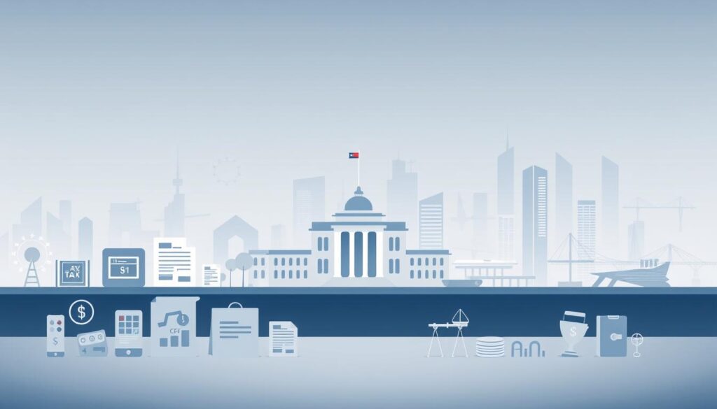 A modern, minimalist illustration depicting the Serbian tax system. In the foreground, a clean, symmetrical grid of financial icons and symbols - tax forms, bank notes, percentage signs, balance scales. The middle ground features architectural elements representing government buildings and administrative offices, rendered in a sleek, contemporary style with muted colors. The background showcases a cityscape of skyscrapers and infrastructure, bathed in soft, diffused lighting that creates a sense of depth and atmosphere. The overall composition conveys a organized, efficient, and business-friendly tax environment, suitable for an article on investment opportunities in Serbia. A modern, minimalist illustration depicting the Serbian tax system. In the foreground, a clean, symmetrical grid of financial icons and symbols - tax forms, bank notes, percentage signs, balance scales. The middle ground features architectural elements representing government buildings and administrative offices, rendered in a sleek, contemporary style with muted colors. The background showcases a cityscape of skyscrapers and infrastructure, bathed in soft, diffused lighting that creates a sense of depth and atmosphere. The overall composition conveys a organized, efficient, and business-friendly tax environment, suitable for an article on investment opportunities in Serbia.