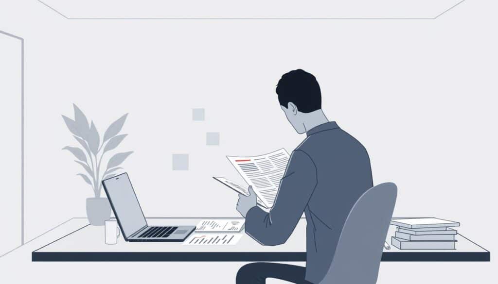 A modern, minimalist illustration depicting the assessment of personal finances. In the foreground, a human figure sits at a desk, meticulously reviewing financial statements and documents. The middle ground features a neatly organized workspace with a laptop, calculator, and various accounting tools. The background showcases a serene, clean-lined interior design, with muted tones and subtle lighting to create a focused, professional atmosphere. The overall mood conveys a sense of careful evaluation, financial responsibility, and the pursuit of wealth management strategies. The image should effectively capture the essence of "Procjena trenutne financijske situacije" within the broader context of "Upravljanje bogatstvom - Ključ uspjeha."