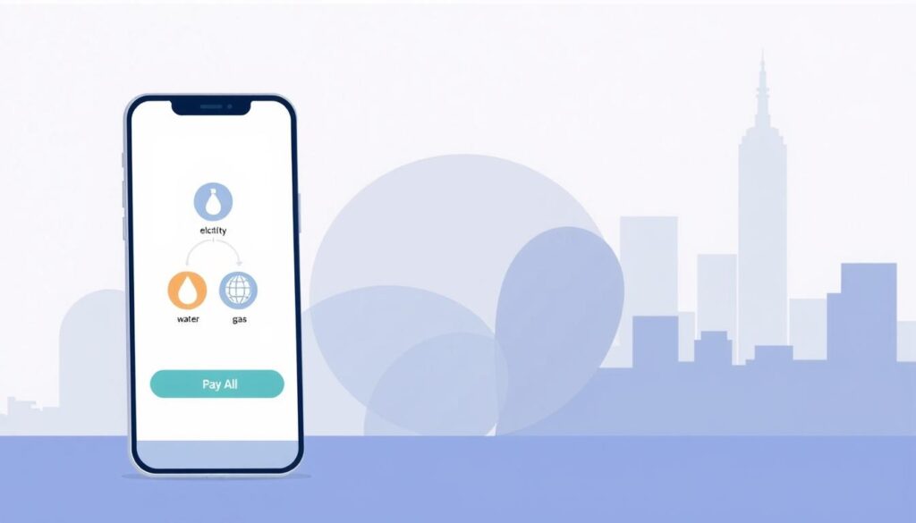 A modern, minimalist illustration depicting the concept of "United Utility Bill Payment". In the foreground, a sleek, stylized smartphone displays various utility service icons - electricity, water, gas, internet - with a prominent "Pay All" button. In the middle ground, abstract geometric shapes in muted, calming tones suggest the interconnectedness of these services. The background features a subtle cityscape, hinting at the urban setting where this unified payment system operates. The overall mood is one of simplicity, efficiency, and technological integration, reflecting the ease and convenience of consolidated utility bill management. A modern, minimalist illustration depicting the concept of "United Utility Bill Payment". In the foreground, a sleek, stylized smartphone displays various utility service icons - electricity, water, gas, internet - with a prominent "Pay All" button. In the middle ground, abstract geometric shapes in muted, calming tones suggest the interconnectedness of these services. The background features a subtle cityscape, hinting at the urban setting where this unified payment system operates. The overall mood is one of simplicity, efficiency, and technological integration, reflecting the ease and convenience of consolidated utility bill management.
