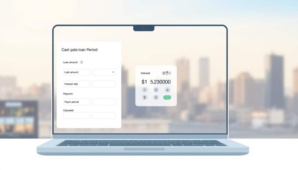 A modern, minimalist illustration of a loan application process on a laptop screen. The foreground features a clean, user-friendly interface with input fields for loan details such as loan amount, interest rate, and repayment period. The middle ground showcases a calculator or graph visualizing the calculated loan cost and interest. The background depicts a softly blurred city skyline, suggesting a sense of financial security and accessibility. The overall mood is one of simplicity, efficiency, and financial empowerment, reflecting the section title "How to Calculate Loan Cost and Interest".
