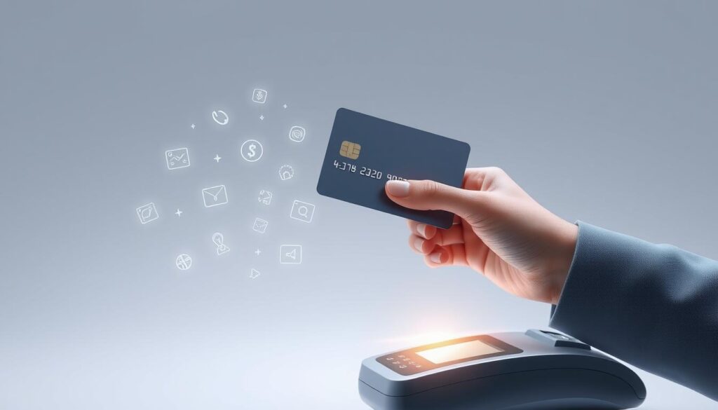 A modern, minimalist illustration showcasing contactless payment methods. In the foreground, a hand holding a sleek, metallic credit card hovers over a payment terminal, the card emitting a soft, glowing light. In the middle ground, a variety of digital payment icons and symbols float in a clean, minimalist space, conveying the ease and convenience of contactless transactions. The background is a serene, gradient-based environment, creating a sense of focus and sophistication. The lighting is soft and directional, accentuating the streamlined, high-tech aesthetic. The overall mood is one of efficiency, security, and the seamless integration of technology into everyday financial tasks. A modern, minimalist illustration showcasing contactless payment methods. In the foreground, a hand holding a sleek, metallic credit card hovers over a payment terminal, the card emitting a soft, glowing light. In the middle ground, a variety of digital payment icons and symbols float in a clean, minimalist space, conveying the ease and convenience of contactless transactions. The background is a serene, gradient-based environment, creating a sense of focus and sophistication. The lighting is soft and directional, accentuating the streamlined, high-tech aesthetic. The overall mood is one of efficiency, security, and the seamless integration of technology into everyday financial tasks.