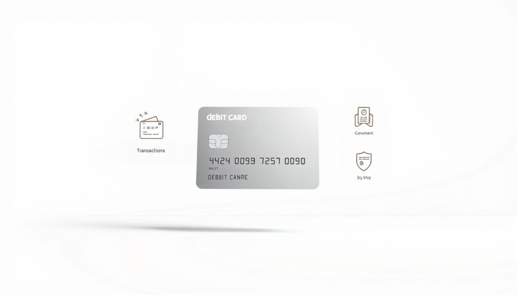 A modern, minimalist illustration showcasing the advantages of a debit card. In the foreground, a sleek, contactless debit card with clean lines and a metallic finish levitates against a crisp, white background. The card casts a subtle shadow, creating depth and dimensionality. In the middle ground, a series of simple, geometric icons representing secure transactions, easy access to funds, and convenient payments float around the card. The background features a soft, gradient wash of warm, muted tones, suggesting a sense of reliability and trustworthiness. The overall composition is well-balanced, with a focus on the central debit card and its key benefits. Subtle use of lighting and a clean, contemporary aesthetic convey the card's efficiency and user-friendly nature.
