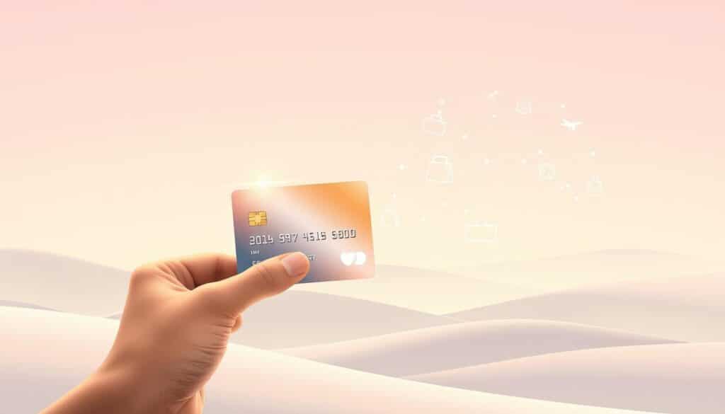 A modern, minimalist illustration showcasing the strategic use of a credit card. In the foreground, a person's hand holds a shiny, metallic credit card, the edges reflecting the light. The card is surrounded by a halo of golden energy, symbolizing the financial benefits and rewards. In the middle ground, various icons representing different spending categories - shopping bags, restaurant plates, travel suitcases - float weightlessly, connected by an intricate web of lines. The background is a serene, gradient-filled landscape, with soft pastel hues and gentle shadows, creating a sense of tranquility and financial well-being. The overall composition conveys a feeling of financial wisdom, control, and the optimization of credit card usage for maximum advantage.