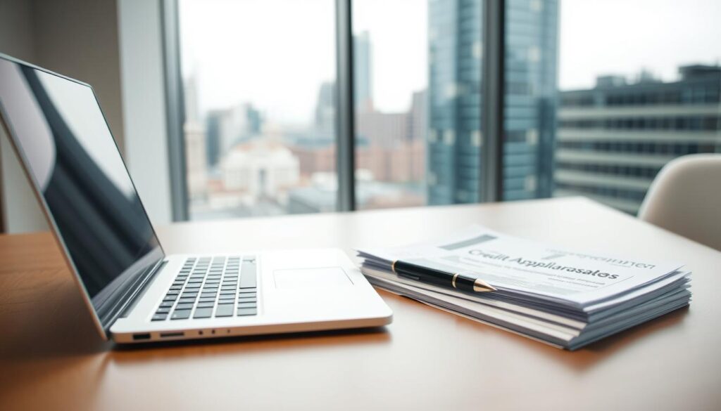 A modern, minimalist office desk with a laptop, pen, and a stack of documents representing a credit application. The lighting is soft and diffused, creating a calm, professional atmosphere. In the background, a blurred cityscape through a large window, suggesting a metropolitan setting. The scene conveys the idea of a person preparing to apply for a loan without a formal employment contract, focusing on the application process and paperwork required. A modern, minimalist office desk with a laptop, pen, and a stack of documents representing a credit application. The lighting is soft and diffused, creating a calm, professional atmosphere. In the background, a blurred cityscape through a large window, suggesting a metropolitan setting. The scene conveys the idea of a person preparing to apply for a loan without a formal employment contract, focusing on the application process and paperwork required.