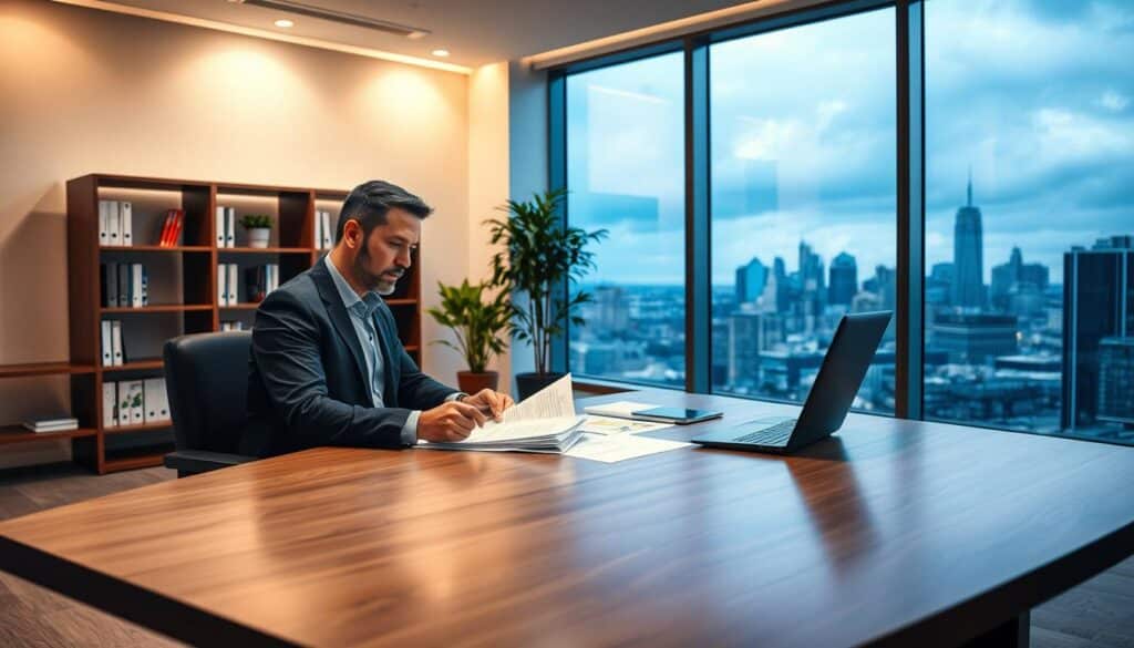 A modern, minimalist office interior with a large window overlooking a cityscape. In the foreground, a professional-looking man in a suit is sitting at a sleek wooden desk, deep in thought as he reviews financial documents. Soft, directional lighting illuminates the scene, creating a warm and productive atmosphere. The middle ground features a bookshelf filled with reference materials, and a potted plant adds a touch of nature. In the background, the city skyline is visible through the window, hinting at the broader financial landscape. The overall composition conveys a sense of expertise, diligence, and attention to detail in the field of tax consulting and optimization.