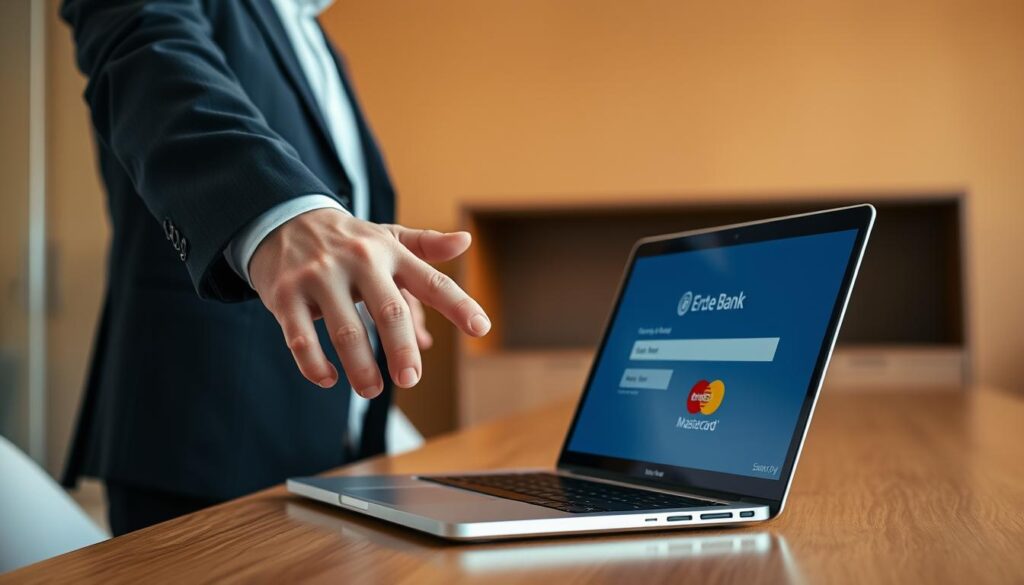 A modern, minimalist office interior with a sleek wooden desk and a laptop computer. In the foreground, the hand of a well-dressed professional reaches out to fill out an online application form on the laptop screen, with the Erste Bank Mastercard Standard logo prominently displayed. Soft, directional lighting casts subtle shadows, creating a sense of depth and focus on the application process. The background features a clean, uncluttered wall with warm, earthy tones, conveying a calm and professional atmosphere suitable for the banking sector. A modern, minimalist office interior with a sleek wooden desk and a laptop computer. In the foreground, the hand of a well-dressed professional reaches out to fill out an online application form on the laptop screen, with the Erste Bank Mastercard Standard logo prominently displayed. Soft, directional lighting casts subtle shadows, creating a sense of depth and focus on the application process. The background features a clean, uncluttered wall with warm, earthy tones, conveying a calm and professional atmosphere suitable for the banking sector.