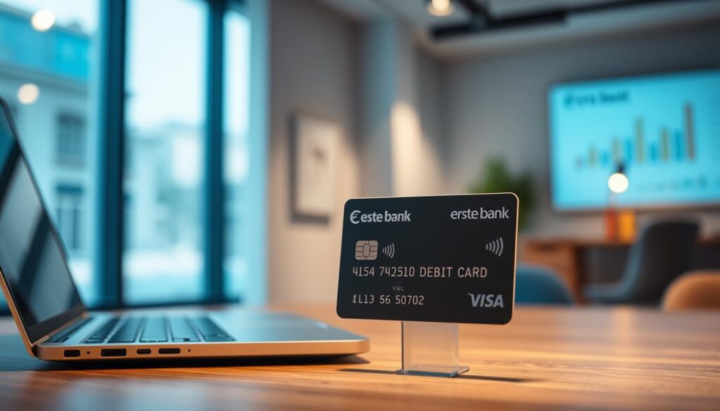 A modern, minimalist office setting with a wooden desk, a laptop, and a crisp, clean Erste Bank Visa Classic Debit card prominently displayed. The card is backlit, casting a soft, warm glow, drawing the viewer's attention. The background is blurred, with subtle hints of financial charts and graphs, suggesting the card's purpose in banking and finance. The lighting is a mix of natural daylight from a large window and indirect, ambient lighting, creating a calming, professional atmosphere. The overall composition evokes a sense of efficiency, simplicity, and the convenience of obtaining an Erste Bank debit card. A modern, minimalist office setting with a wooden desk, a laptop, and a crisp, clean Erste Bank Visa Classic Debit card prominently displayed. The card is backlit, casting a soft, warm glow, drawing the viewer's attention. The background is blurred, with subtle hints of financial charts and graphs, suggesting the card's purpose in banking and finance. The lighting is a mix of natural daylight from a large window and indirect, ambient lighting, creating a calming, professional atmosphere. The overall composition evokes a sense of efficiency, simplicity, and the convenience of obtaining an Erste Bank debit card.