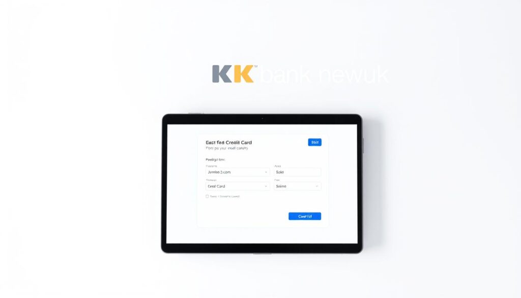 A modern, minimalist online banking interface featuring the KB bank logo prominently displayed. In the center, a clean, uncluttered form for submitting a credit card application, with input fields and buttons arranged in a simple, intuitive layout. The background is a soft, neutral tone, allowing the interface elements to stand out clearly. Gentle, diffused lighting creates a sense of calm and professionalism. The overall composition conveys a straightforward, efficient digital experience for applying for a new credit card.