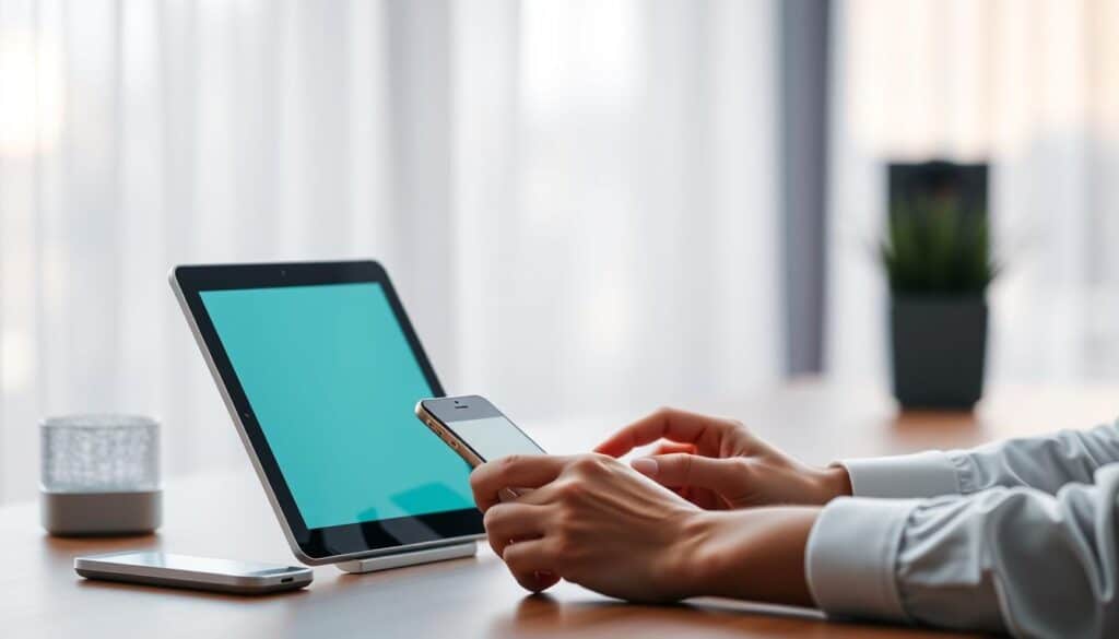 A modern, minimalist workspace with a sleek desktop computer, a tablet, and a smartphone. The lighting is soft and diffused, creating a warm and inviting atmosphere. The background is a blurred, gradient-filled scene, allowing the technology to take center stage. The user's hands are visible, interacting with the digital devices, conveying the effortless process of online application. The overall composition emphasizes the seamless integration of technology and the convenience of digital tools for banking and credit application.
