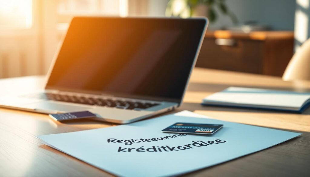 A modern office desk with a laptop, credit card, and stylized document titled "Registreerumine krediitkaardile". Warm, natural lighting casts soft shadows, creating a professional, yet inviting atmosphere. The frame is composed to highlight the desk items, conveying the practical process of credit card registration for Estonian customers. The background is slightly blurred, keeping the focus on the central elements. Subtle textures and slight camera tilt add depth and visual interest to the scene.